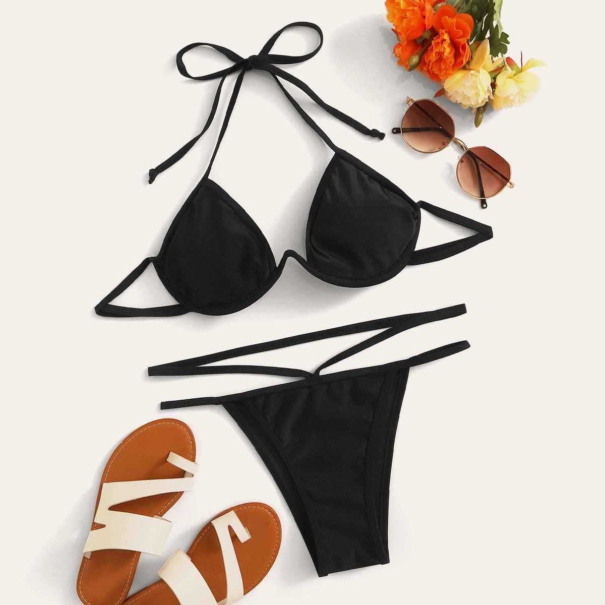 

Underwire Halter Top With Thong Bikini Set, Black