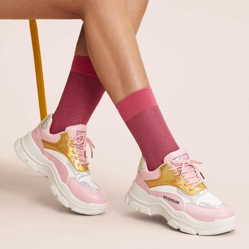 

Holographic Panel Lace-up Front Chunky Sneakers, Multicolor