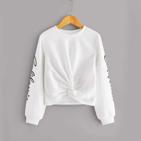 

Girls Letter Graphic Twist Front Pullover, White