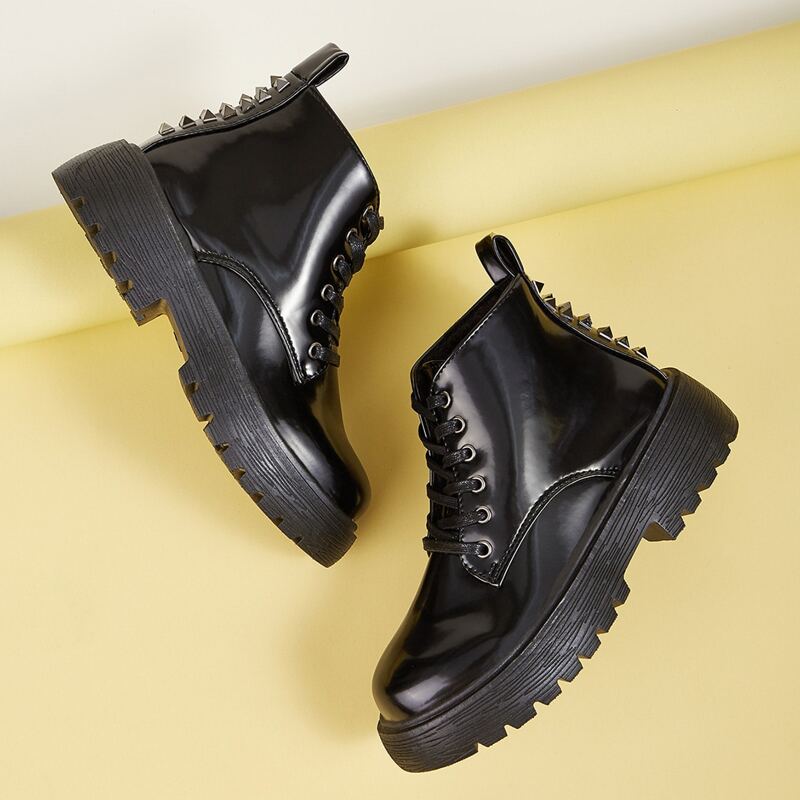 

Studded Decor Lace-up Front Combat Boots, Black