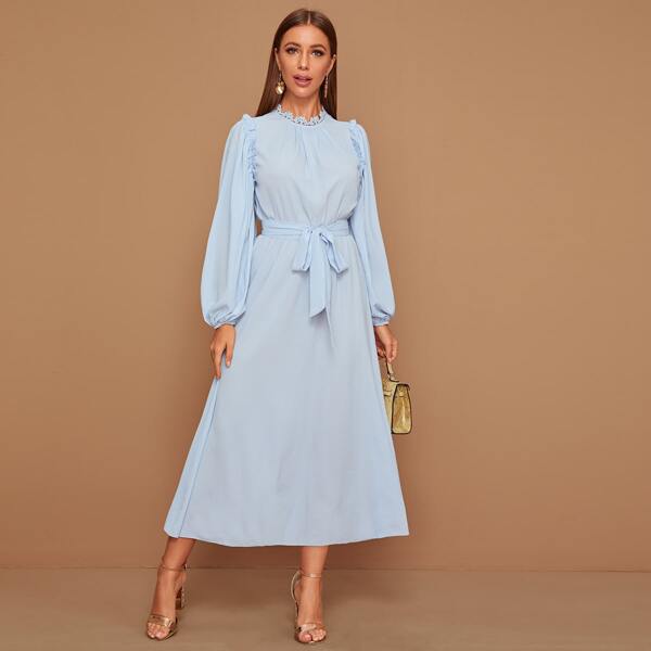 

Lantern Sleeve Lace Trim Belted Dress, Blue pastel