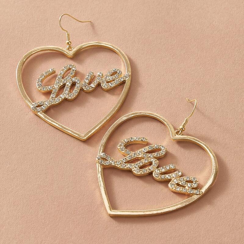 

1pair Rhinestone Decor Heart Drop Earrings, Gold