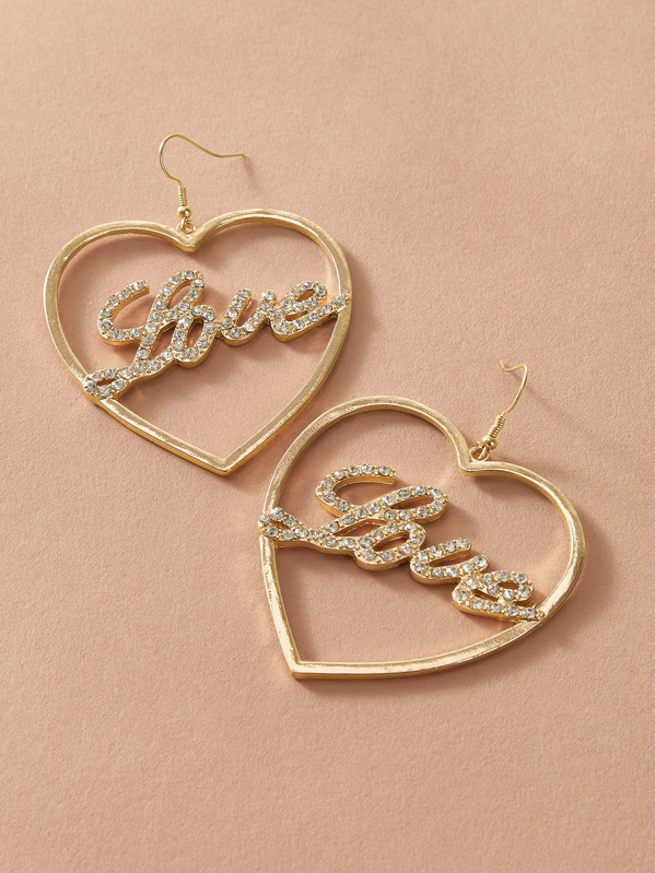 

1pair Rhinestone Decor Heart Drop Earrings, Gold