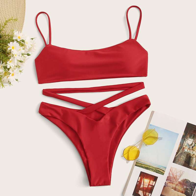 

Solid Top With Criss Cross High Cut Bikini Set, Red