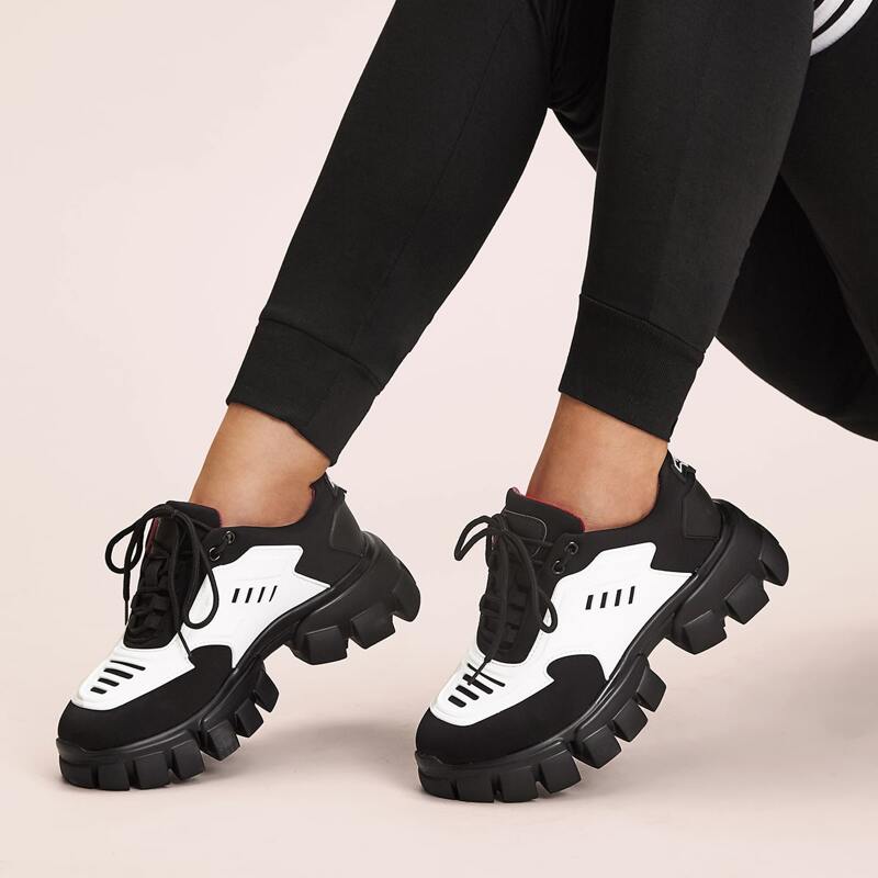 

Two Tone Lug Sole Chunky Sneakers, Black and white