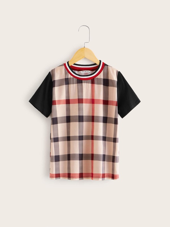 

Boys Plaid Colo Block Striped Trim Tee, Multicolor