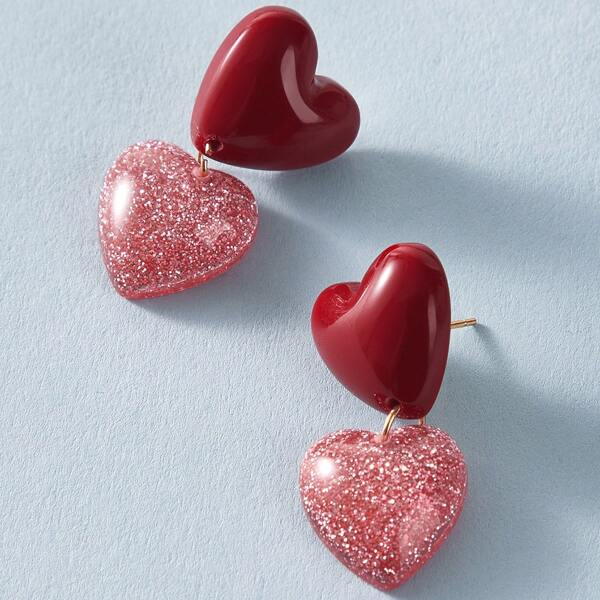 

1pair Glitter Heart Drop Earrings, Red