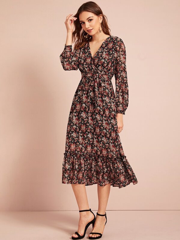

Surplice Wrap Belted Ditsy Floral Print Frilled Dress, Multicolor, Vlada