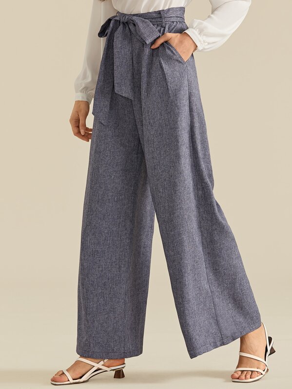 

Premium Solid Palazzo Pants With Belt, Navy, Mila