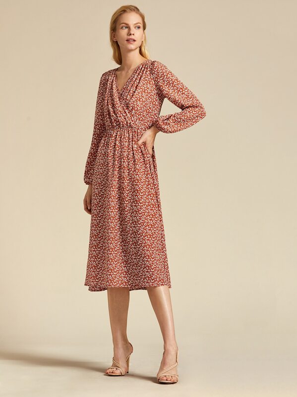 

Premium Surplice Wrap Ditsy Floral Print Dress, Red, Denisa
