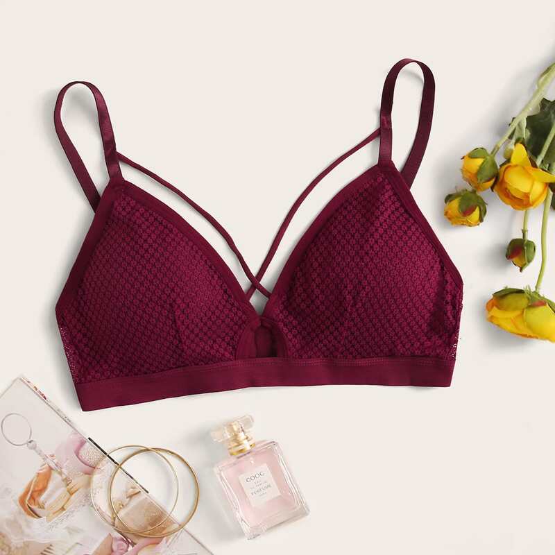 

Floral Lace Harness Bra, Burgundy