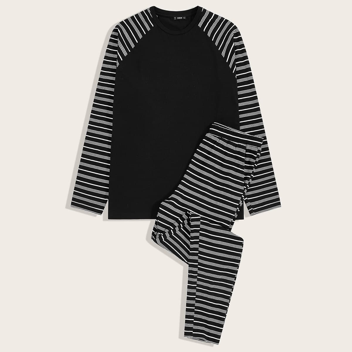 

Guys Striped Raglan Sleeve Tee & Pants PJ Set, Black
