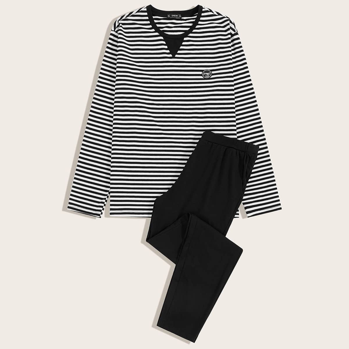 

Guys Contrast Neck Striped Tee & Solid Pants PJ Set, Black and white