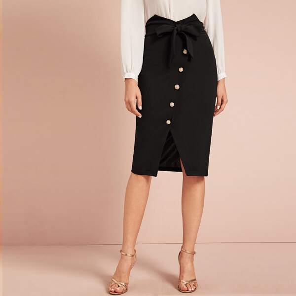 

Notch Waist Self Belted Button Up Skirt, Black