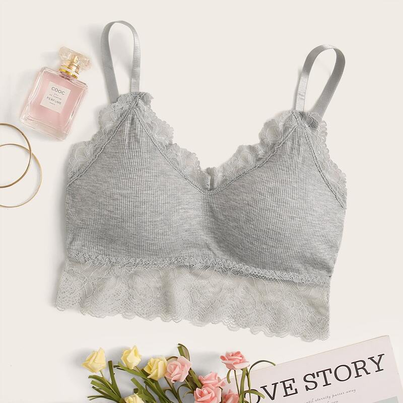 

Rib Lace Trim Bralette, Grey