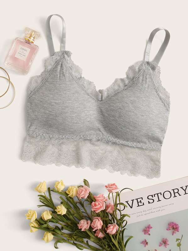 

Rib Lace Trim Bralette, Grey