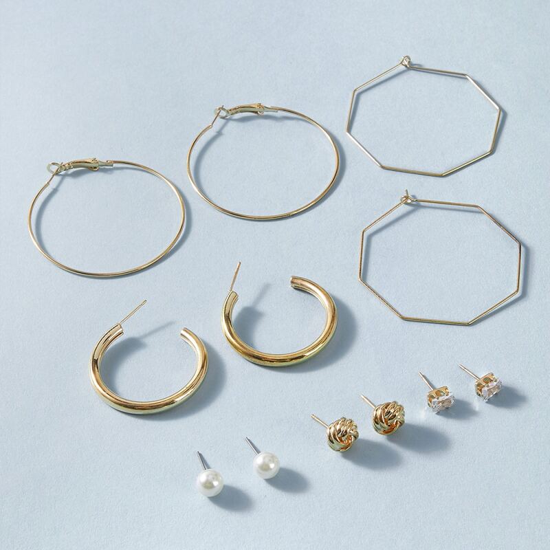 

6pairs Pearl & Rhinestone Decor Earrings, Gold