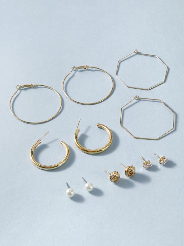 

6pairs Pearl & Rhinestone Decor Earrings, Gold