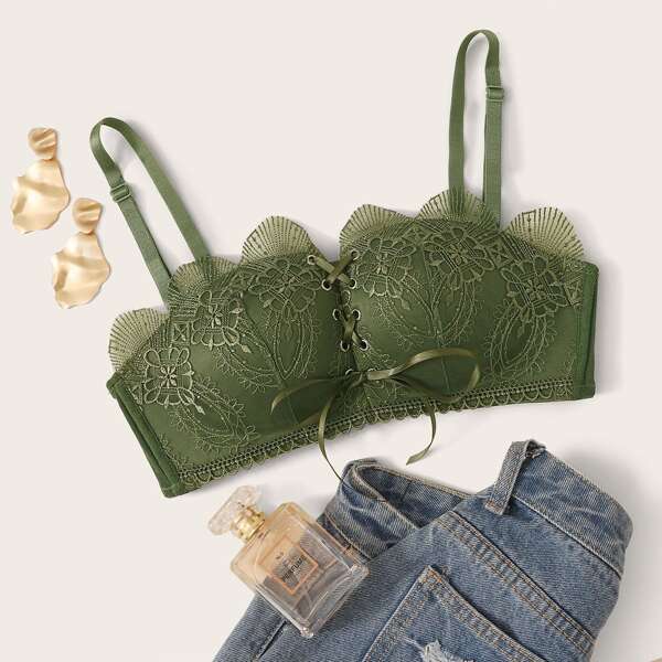

Contrast Lace Lace-up Bra, Green