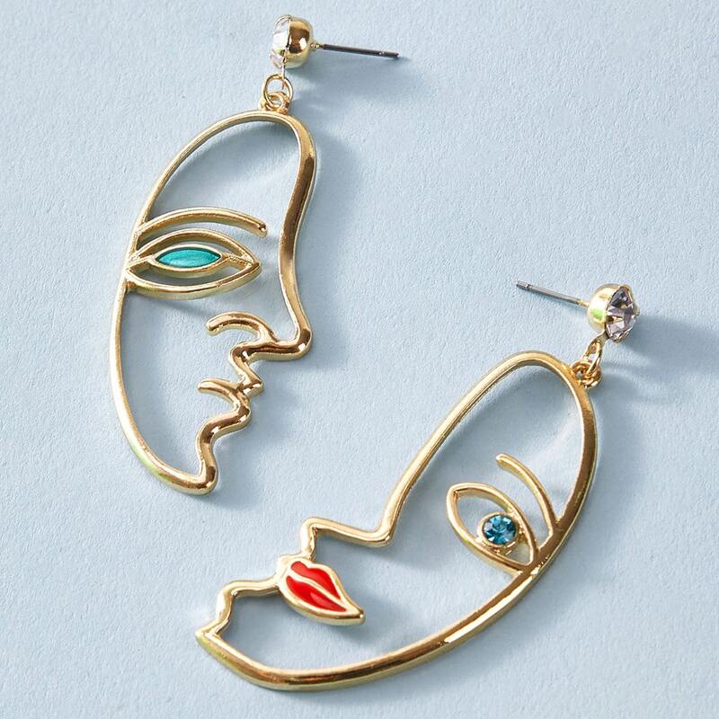 

1pair Rhinestone Decor Face Drop Earrings, Gold
