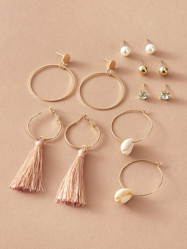 

6pairs Pearl & Rhinestone Decor Earrings, Gold