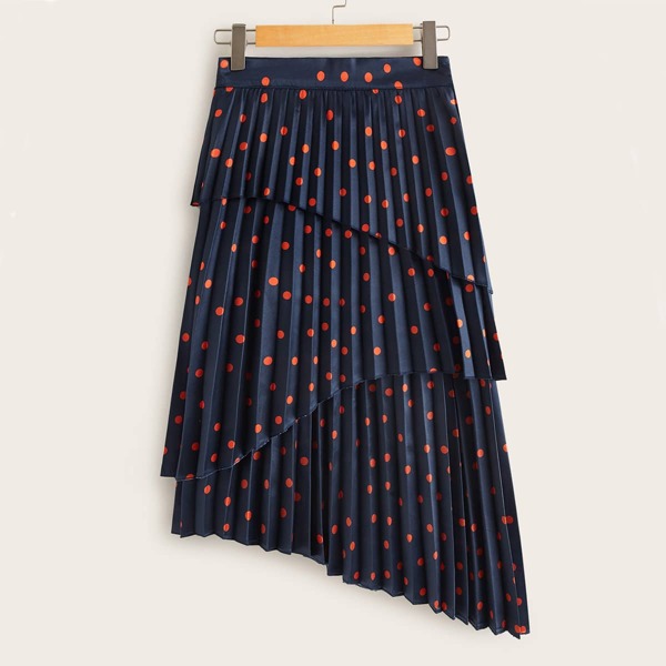

Polka Dot Print Pleated Asymmetrical Hem Skirt, Navy