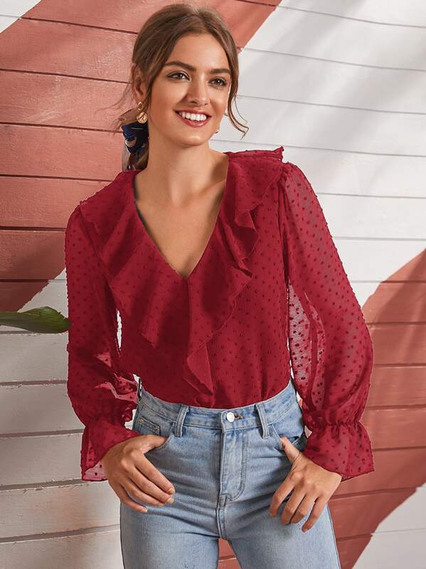 

Swiss Dot Ruffle Trim Blouse, Burgundy, Luiza