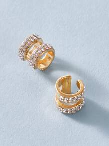 1pair Women's European And American Style Double-layer Rhinestone Clip-on Earrings - Yellow Gold - View 2