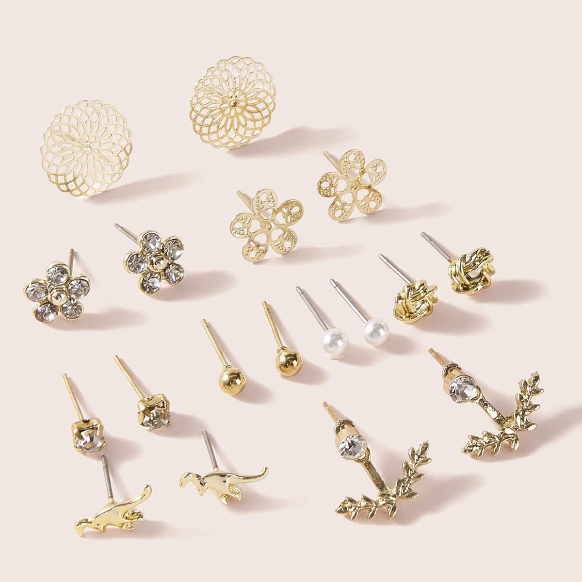 

9pairs Rhinestone & Pearl Decor Earrings, Gold