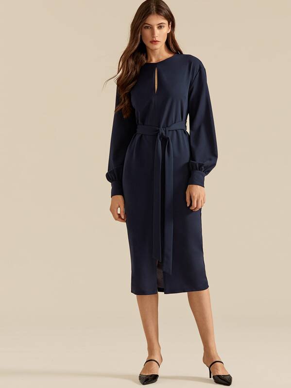 

Premium Keyhole Neck Split Hem Self Belted Dress, Navy, Mila