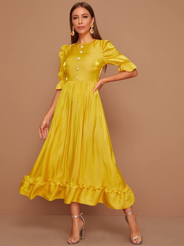 

Button Detail Puff Sleeve Ruffle Trim Satin Dress, Yellow, Hanna