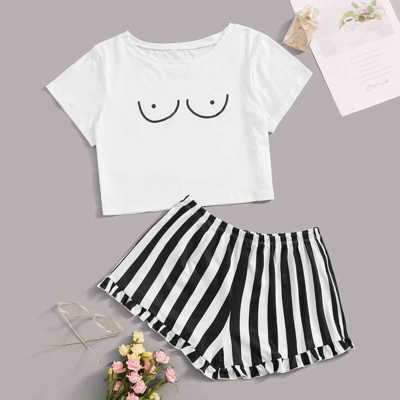 

Graphic & Striped Print PJ Set, Black and white