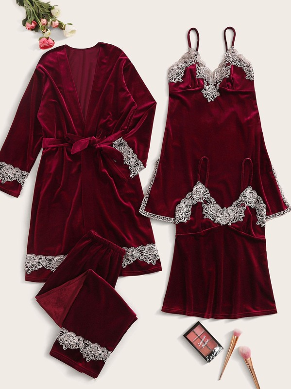 

4pack Contrast Lace Velvet Cami Night Dress With PJ Set & Belted Robe, Burgundy