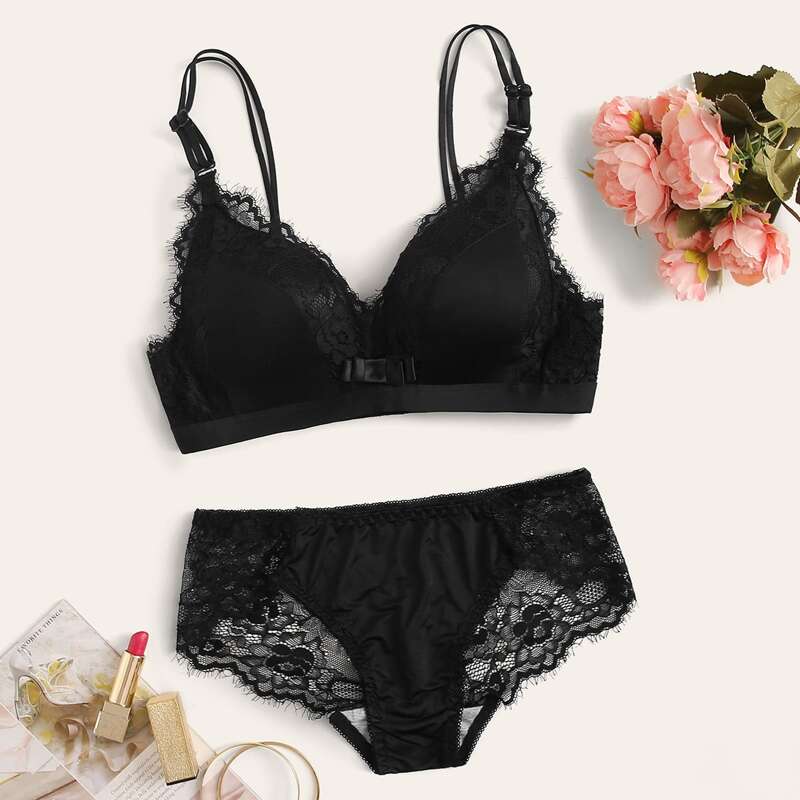 

Floral Lace Lingerie Set, Black