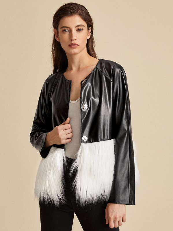 

Premium Press Button Contrast Faux Fur Raglan Sleeve Jacket, Black and white, Mila