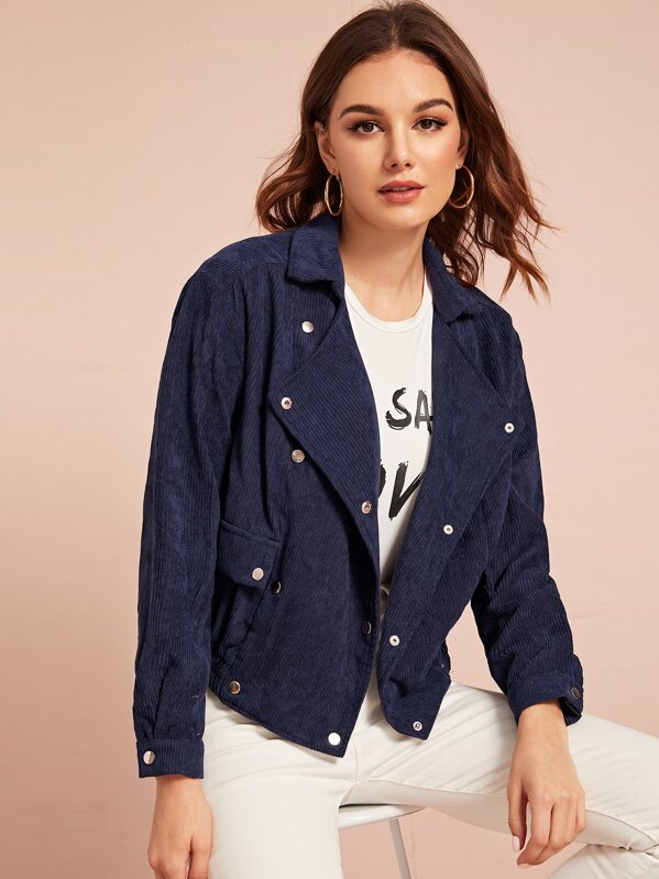 

Notched Collar Buttoned Front Cord Biker Jacket, Navy, Vlada