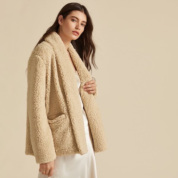 

Premium Shawl Collar Pocket Teddy Coat, Khaki pastel