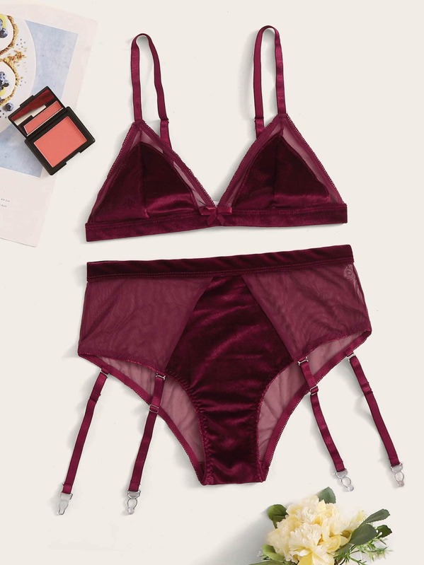 

Contrast Mesh Velvet Lingerie Set, Burgundy