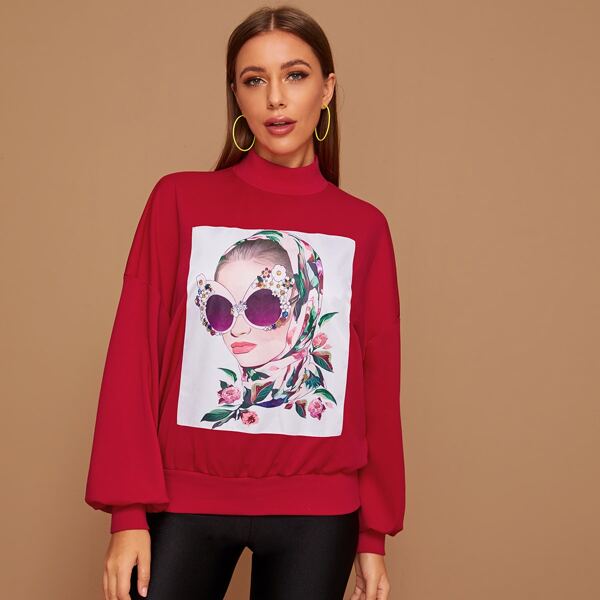 

Mock-Neck Figure Graphic Lantern Sleeve Pullover, Red bright