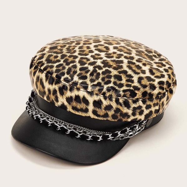

Chain Decor Leopard Pattern Baker Boy Hat, Multicolor