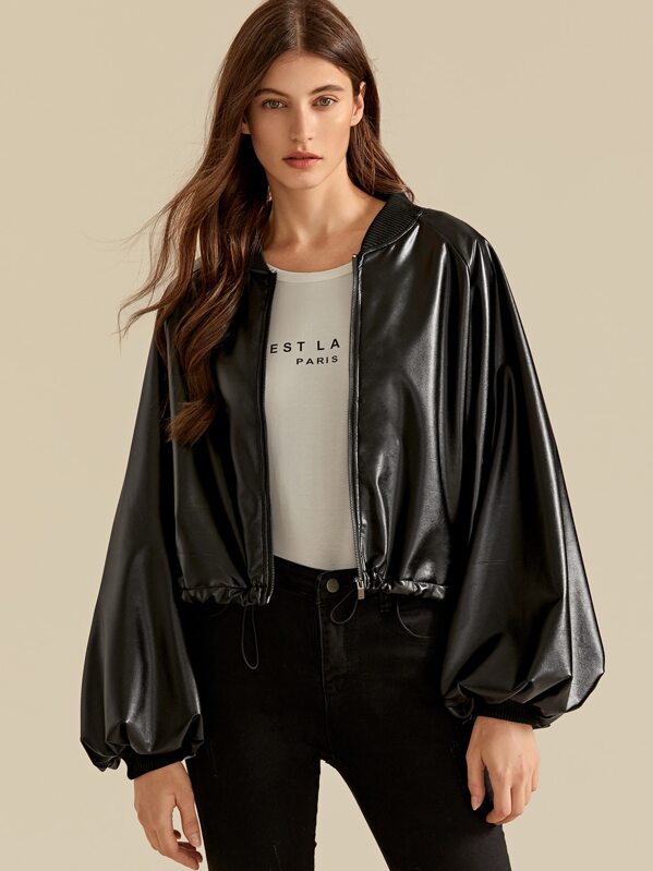 

Premium Drawstring Hem Lantern Sleeve PU Bomber Jacket, Black, Mila