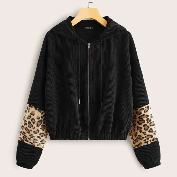 

Leopard Panel Cord Jacket, Black