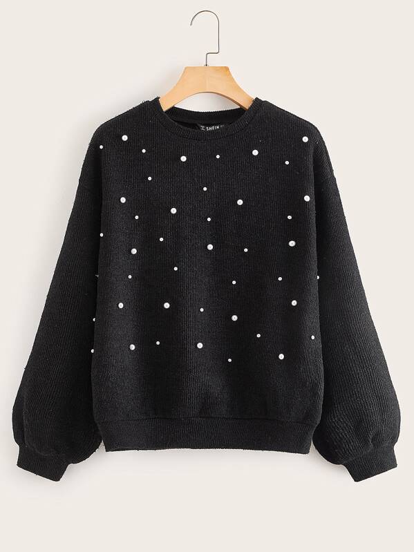

Pearl Beaded Drop Shoulder Pullover, Black