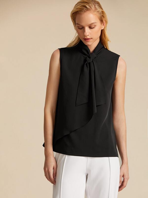 

Premium Keyhole Back Tie Neck Solid Sleeveless Blouse, Black, Denisa