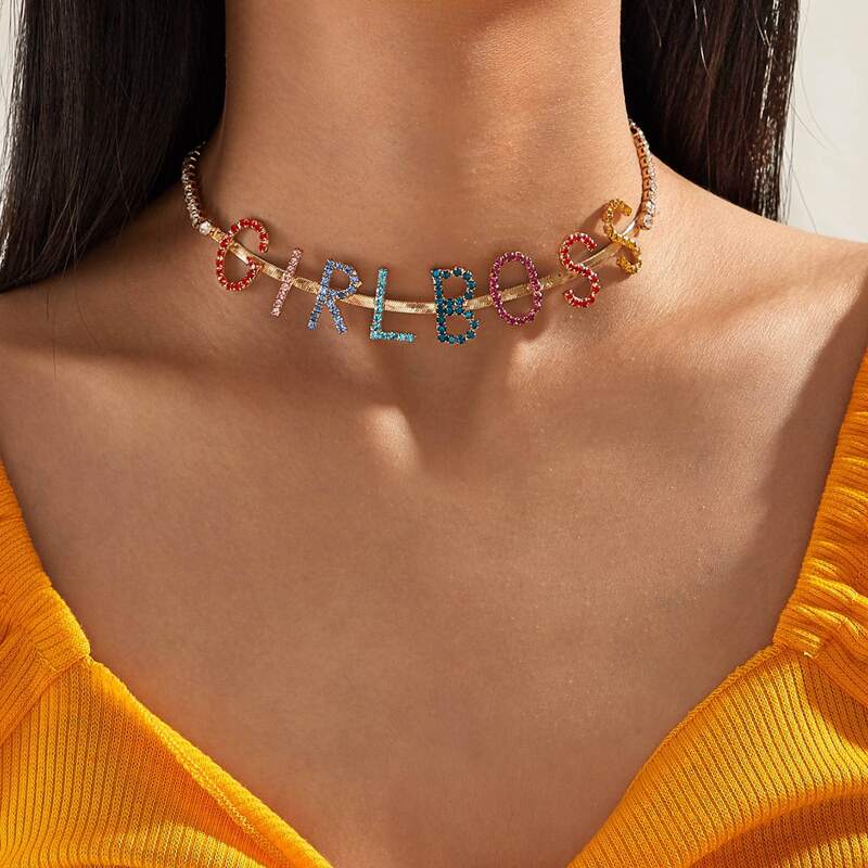

1pc Rhinestone & Letter Decor Choker, Multicolor