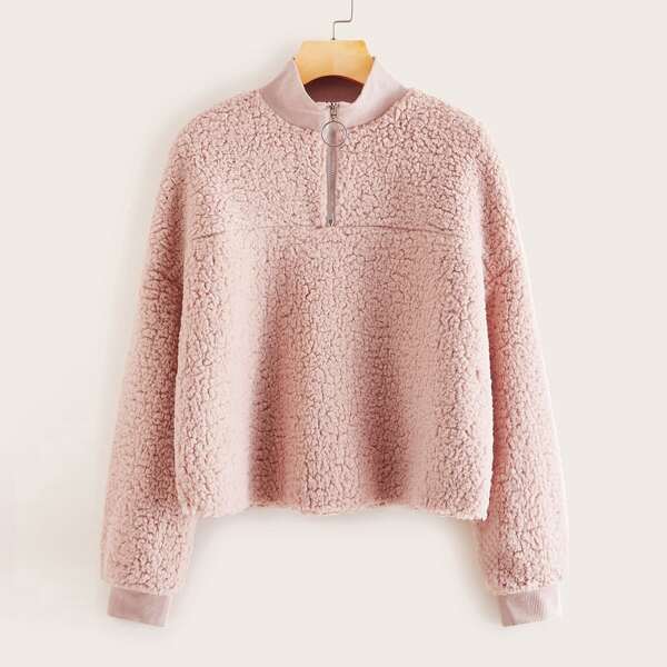 

Stand Neck Zip Half Placket Teddy Sweatshirt, Pink pastel
