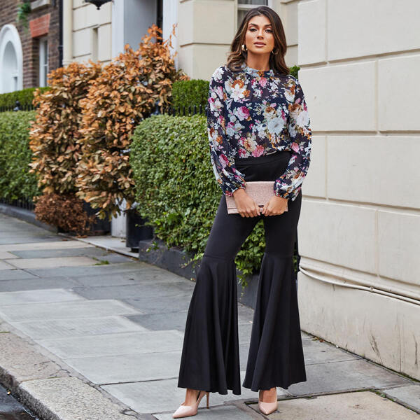 

Mock-Neck Floral Print Lantern Sleeve Semi Sheer Top, Multicolor