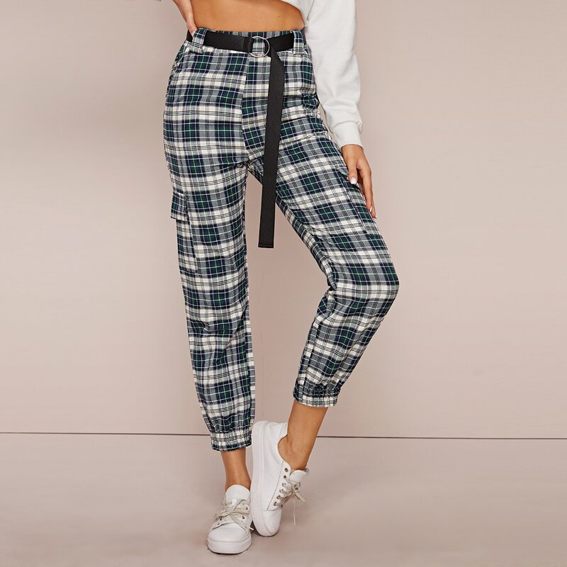 

Tartan Plaid Belted Cargo Pants, Multicolor