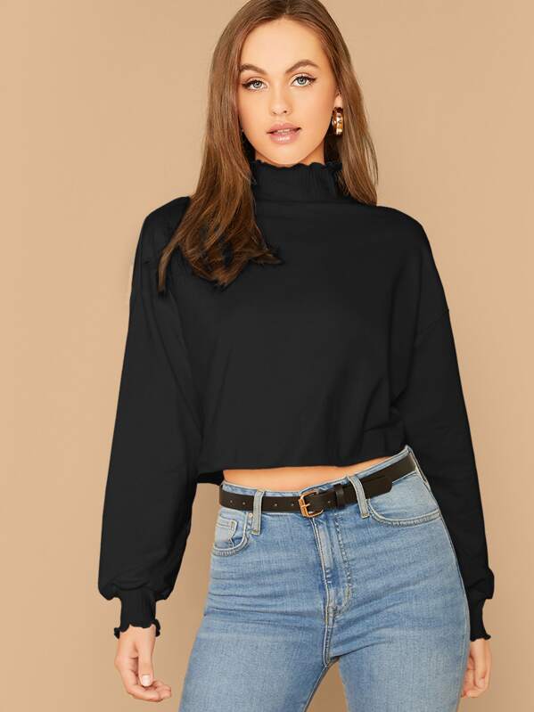 

Drop Shoulder Lettuce Trim Pullover, Black, Lily Easton