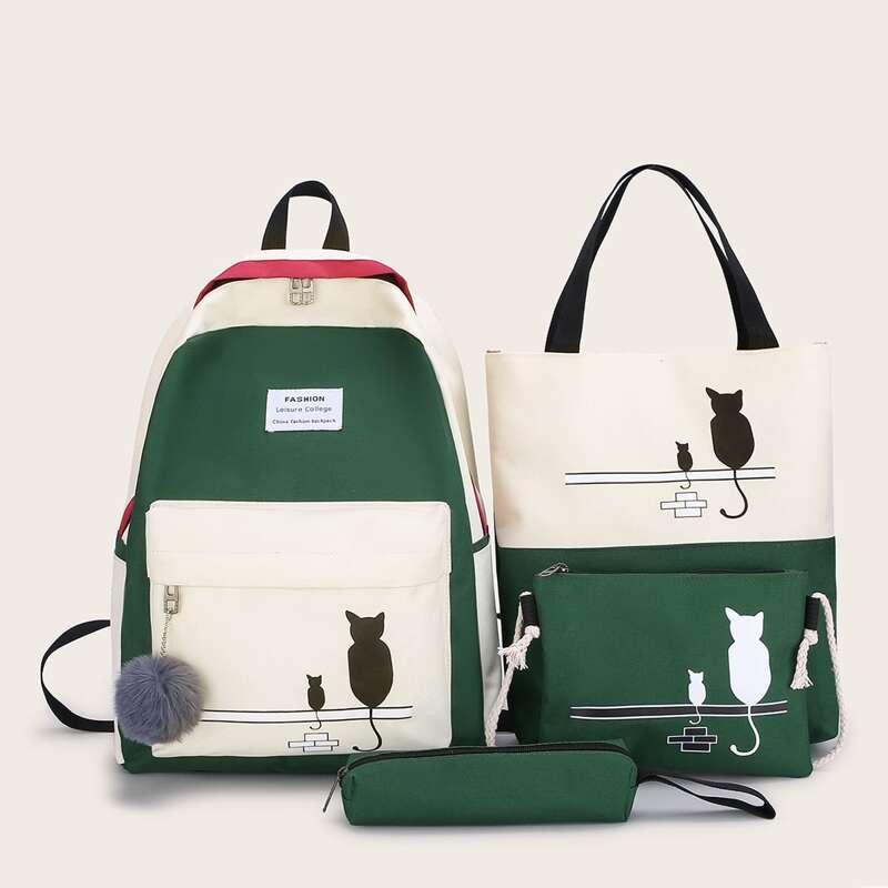 

4pcs Cat Graphic Backpack With Pencil Case, Multicolor